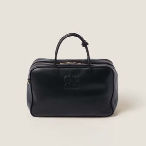 Miu Miu Women Leather Top-handle Bag with Embossed Lettering Logo-Black