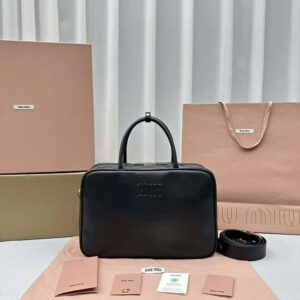 Miu Miu Women Leather Top-handle Bag with Embossed Lettering Logo-Black