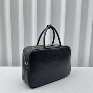 Miu Miu Women Leather Top-handle Bag with Embossed Lettering Logo-Black