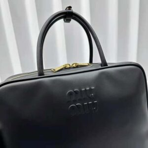 Miu Miu Women Leather Top-handle Bag with Embossed Lettering Logo-Black