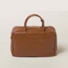 Miu Miu Women Leather Top-handle Bag with Embossed Lettering Logo-Brown