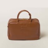 Miu Miu Women Leather Top-handle Bag with Embossed Lettering Logo-Brown