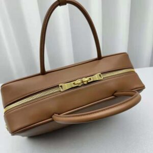 Miu Miu Women Leather Top-handle Bag with Embossed Lettering Logo-Brown