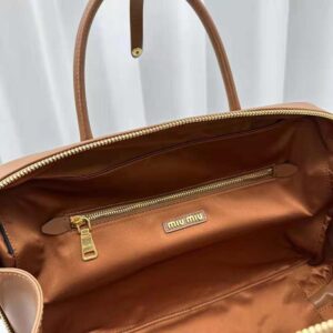 Miu Miu Women Leather Top-handle Bag with Embossed Lettering Logo-Brown