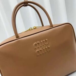 Miu Miu Women Leather Top-handle Bag with Embossed Lettering Logo-Brown