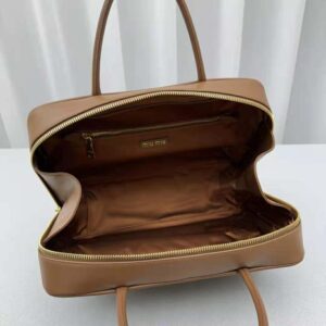 Miu Miu Women Leather Top-handle Bag with Embossed Lettering Logo-Brown