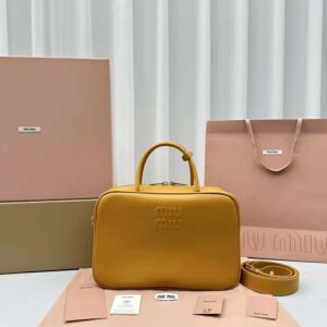 Miu Miu Women Leather Top-handle Bag with Embossed Lettering Logo-Orange