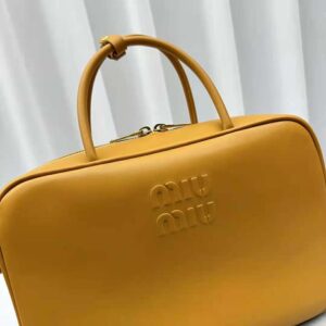 Miu Miu Women Leather Top-handle Bag with Embossed Lettering Logo-Orange