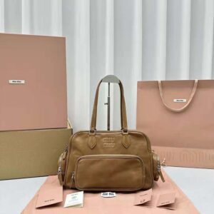 Miu Miu Women Nappa Leather Top-handle Bag with Embossed Lettering Logo-Brown