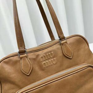 Miu Miu Women Nappa Leather Top-handle Bag with Embossed Lettering Logo-Brown