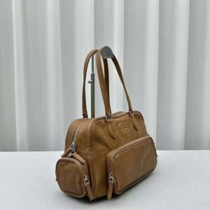 Miu Miu Women Nappa Leather Top-handle Bag with Embossed Lettering Logo-Brown