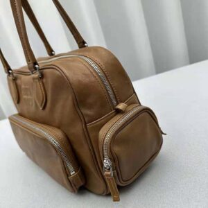 Miu Miu Women Nappa Leather Top-handle Bag with Embossed Lettering Logo-Brown