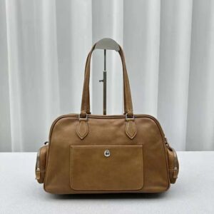 Miu Miu Women Nappa Leather Top-handle Bag with Embossed Lettering Logo-Brown