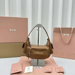 Miu Miu Women Pocket Nappa Leather Bag with Embossed Lettering Logo-Brown