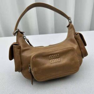 Miu Miu Women Pocket Nappa Leather Bag with Embossed Lettering Logo-Brown