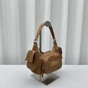 Miu Miu Women Pocket Nappa Leather Bag with Embossed Lettering Logo-Brown
