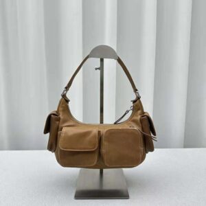 Miu Miu Women Pocket Nappa Leather Bag with Embossed Lettering Logo-Brown