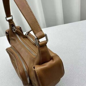 Miu Miu Women Pocket Nappa Leather Bag with Embossed Lettering Logo-Brown