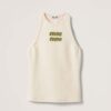 Miu Miu Women Ribbed Jersey Top with Embroidered Logo-Beige