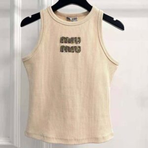 Miu Miu Women Ribbed Jersey Top with Embroidered Logo-Beige