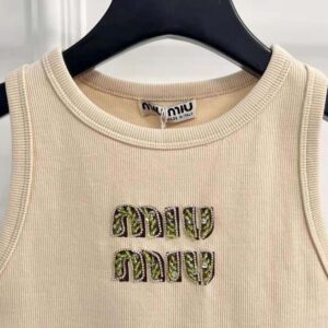 Miu Miu Women Ribbed Jersey Top with Embroidered Logo-Beige