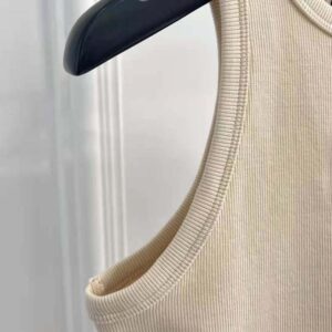 Miu Miu Women Ribbed Jersey Top with Embroidered Logo-Beige