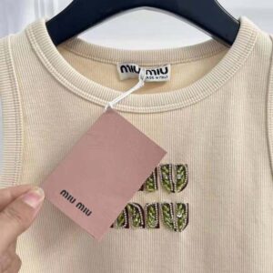 Miu Miu Women Ribbed Jersey Top with Embroidered Logo-Beige