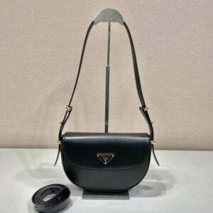 Prada Women Arqué Leather Shoulder Bag with Flap-Black F0002
