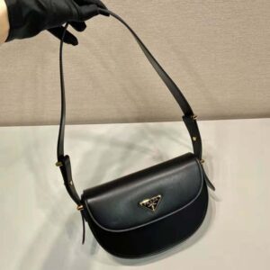 Prada Women Arqué Leather Shoulder Bag with Flap-Black F0002