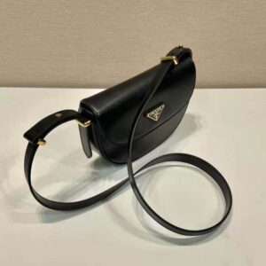 Prada Women Arqué Leather Shoulder Bag with Flap-Black F0002