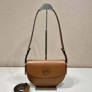 Prada Women Arqué Leather Shoulder Bag with Flap-Brown F0XUG