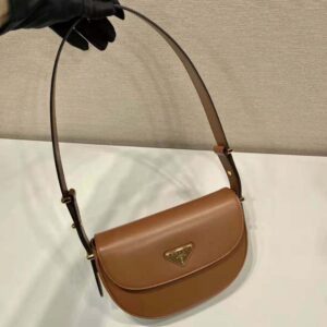 Prada Women Arqué Leather Shoulder Bag with Flap-Brown F0XUG