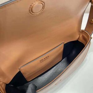 Prada Women Arqué Leather Shoulder Bag with Flap-Brown F0XUG
