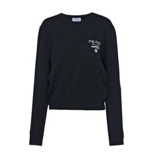 Prada Women Cashmere and Silk Sweater With Intarsia Logo-Black F0008