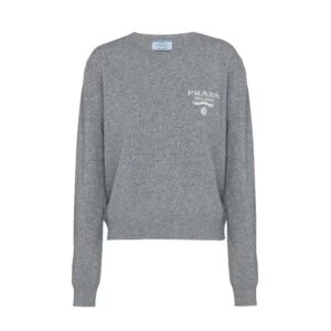 Prada Women Cashmere and Silk Sweater With Intarsia Logo-Silver P24S1L