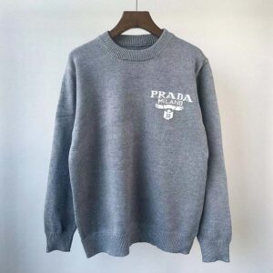 Prada Women Cashmere and Silk Sweater With Intarsia Logo-Silver P24S1L