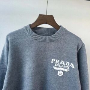 Prada Women Cashmere and Silk Sweater With Intarsia Logo-Silver P24S1L
