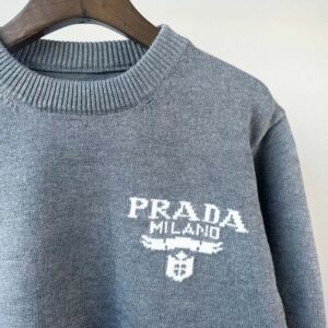 Prada Women Cashmere and Silk Sweater With Intarsia Logo-Silver P24S1L