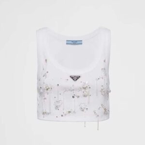 Prada Women Embroidered Ribbed Knit Jersey Top-White 39569R