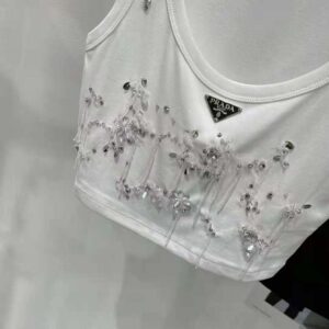 Prada Women Embroidered Ribbed Knit Jersey Top-White 39569R