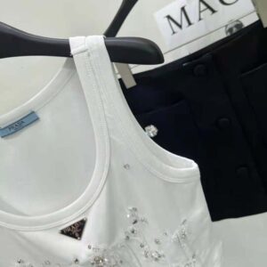 Prada Women Embroidered Ribbed Knit Jersey Top-White 39569R