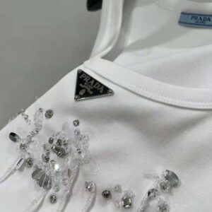 Prada Women Embroidered Ribbed Knit Jersey Top-White 39569R