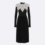 Dior Women Mid-Length Pleated Dress Black Technical Jersey and White Lace