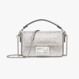 Fendi Women Baguette Mini Silver Leather Bag with Crystal FF Motif