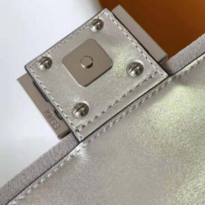 Fendi Women Baguette Mini Silver Leather Bag with Crystal FF Motif