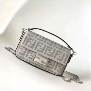 Fendi Women Baguette Mini Silver Leather Bag with Crystal FF Motif
