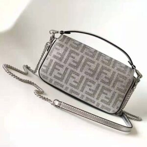 Fendi Women Baguette Mini Silver Leather Bag with Crystal FF Motif