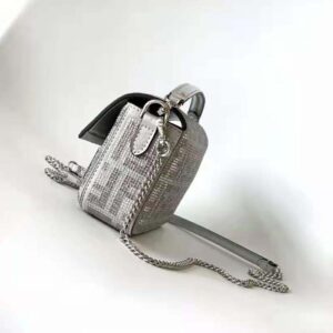 Fendi Women Baguette Mini Silver Leather Bag with Crystal FF Motif