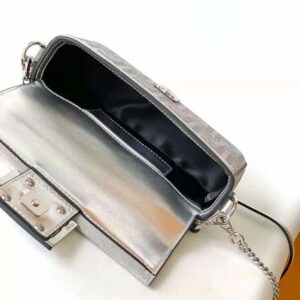 Fendi Women Baguette Mini Silver Leather Bag with Crystal FF Motif