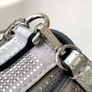 Fendi Women Baguette Mini Silver Leather Bag with Crystal FF Motif